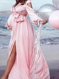 Momnfancy V-neck Long Sleeve Cold Shoulder Slit Baby Shower Maternity Maxi Dress