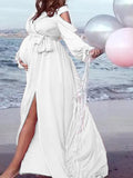 Momnfancy V-neck Long Sleeve Cold Shoulder Slit Baby Shower Maternity Maxi Dress