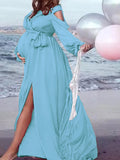 Momnfancy V-neck Long Sleeve Cold Shoulder Slit Baby Shower Maternity Maxi Dress