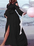 Momnfancy V-neck Long Sleeve Cold Shoulder Slit Baby Shower Maternity Maxi Dress