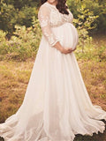 Momnfancy White Lace Long Sleeve Floor Length Photoshoot Maternity Maxi Dress