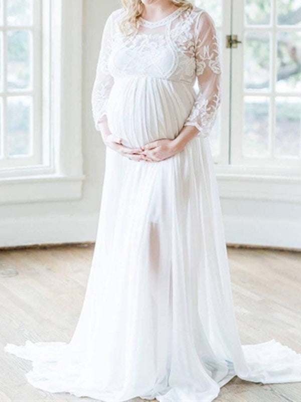 Momnfancy White Lace Long Sleeve Floor Length Photoshoot Maternity Maxi Dress