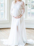 Momnfancy White Lace Long Sleeve Floor Length Photoshoot Maternity Maxi Dress