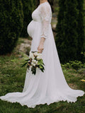 Momnfancy White Lace Long Sleeve Floor Length Photoshoot Maternity Maxi Dress