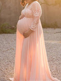 Momnfancy White Lace Long Sleeve Floor Length Photoshoot Maternity Maxi Dress