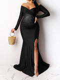 Momnfancy Off Shoulder Fitted Slit V-neck Evening Gown Mermaid Formal Baby Shower Maternity Maxi Dress