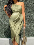 Momnfancy One Shoulder Belt Sleeveless Bodycon Side Slit Belted Satin Ruched Party Maternity Midi Dress