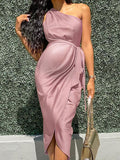 Momnfancy One Shoulder Belt Sleeveless Bodycon Side Slit Belted Satin Ruched Party Maternity Midi Dress