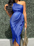 Momnfancy One Shoulder Belt Sleeveless Bodycon Side Slit Belted Satin Ruched Party Maternity Midi Dress