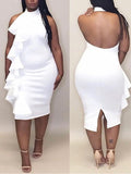 Momnfancy Falbala Solid Color Plus Size Side Slit Maternity Midi Dress