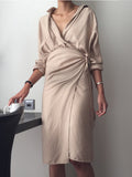 Momnfancy Fall V-neck Long Sleeve Comfy Belt Maternity Midi Dress