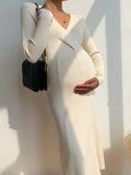 Momnfancy Bodycon V-neck Long Sleeve Fall Crochet Sweater Maternity Midi Dress