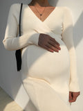 Momnfancy Bodycon V-neck Long Sleeve Fall Crochet Sweater Maternity Midi Dress