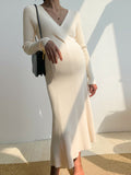 Momnfancy Bodycon V-neck Long Sleeve Fall Crochet Sweater Maternity Midi Dress