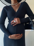 Momnfancy Bodycon V-neck Long Sleeve Fall Crochet Sweater Maternity Midi Dress
