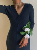 Momnfancy Bodycon V-neck Long Sleeve Fall Crochet Sweater Maternity Midi Dress
