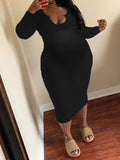 Momnfancy Bodycon Fitted Long Sleeve Fall Plus Size Baby Shower Maternity Midi Dress