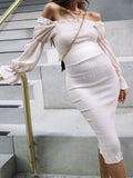 Momnfancy Baby Shower Bodycon Off Shoulder Puff Sleeve White Fall Maternity Midi Dress