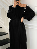 Momnfancy Side Buttons High Neck Long Sleeve Sweater Maternity Midi Dress