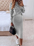 Momnfancy Starry Print Bodycon High Neck Long Sleeve Fall Maternity Midi Dress