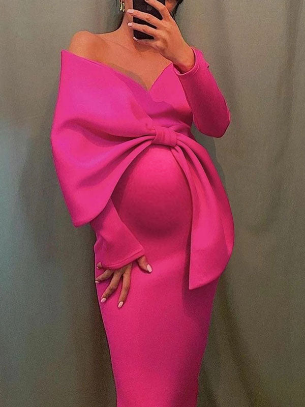 Momnfancy Pink Bow Baby Shower Off Shoulder V-neck Long Sleeve Bodycon Cute Maternity Midi Dress