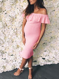 Momnfancy Pink Ruffle Bodycon Baby Shower Maternity Midi Dress