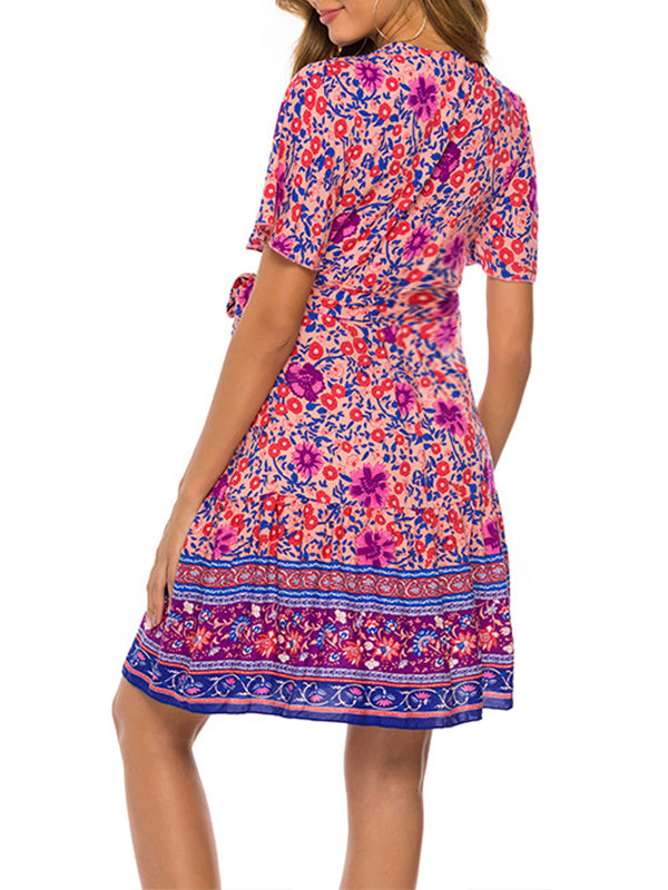 Momnfancy Bohemian Beach Skirts Short Sleeve Pleats Printing Maternity Dress