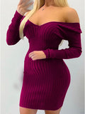 Momnfancy Solid Color Off Shoulder Bodycon V-Neck Long Sleeve Sweater Maternity Mini Dress