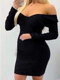 Momnfancy Solid Color Off Shoulder Bodycon V-Neck Long Sleeve Sweater Maternity Mini Dress