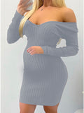 Momnfancy Solid Color Off Shoulder Bodycon V-Neck Long Sleeve Sweater Maternity Mini Dress