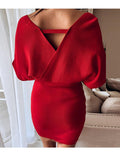 Momnfancy Chrismas Boat Neck Backless Slim Fit Long Sleeve Fall Red Maternity Mini Dress