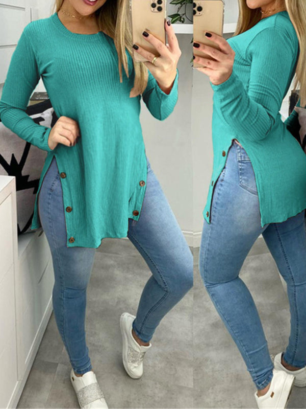 Momnfancy Solid Color Buttons Slit Long Sleeve Maternity T-shirt