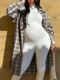 Momnfancy Plaid Pockets Knee Length Coat Buttons Turndown Collar Maternity Outerwear