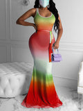 Momnfancy Gradient Belt Mermaid Round Neck Sleeveless Maternity Maxi Dress