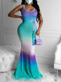 Momnfancy Gradient Belt Mermaid Round Neck Sleeveless Maternity Maxi Dress
