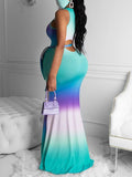 Momnfancy Gradient Belt Mermaid Round Neck Sleeveless Maternity Maxi Dress