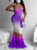 Momnfancy Gradient Belt Mermaid Round Neck Sleeveless Maternity Maxi Dress
