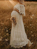 Momnfancy White Off Shoulder Lace Tiered Eyelet Embroidered Flowy Elegant Maternity Photoshoot Dress