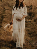 Momnfancy White Off Shoulder Lace Tiered Eyelet Embroidered Flowy Elegant Maternity Photoshoot Dress