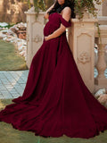 Momnfancy V-neck Off Shoulder Cup Sleeve Solid Flowy Photoshoot Maternity Maxi Dress