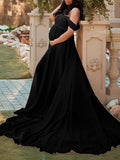 Momnfancy V-neck Off Shoulder Cup Sleeve Solid Flowy Photoshoot Maternity Maxi Dress
