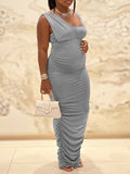 Momnfancy Ruched Bodycon Sleeveless Solid Baby Shower Plus Size Maternity Maxi Dress