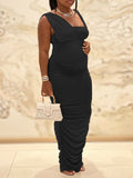 Momnfancy Ruched Bodycon Sleeveless Solid Baby Shower Plus Size Maternity Maxi Dress