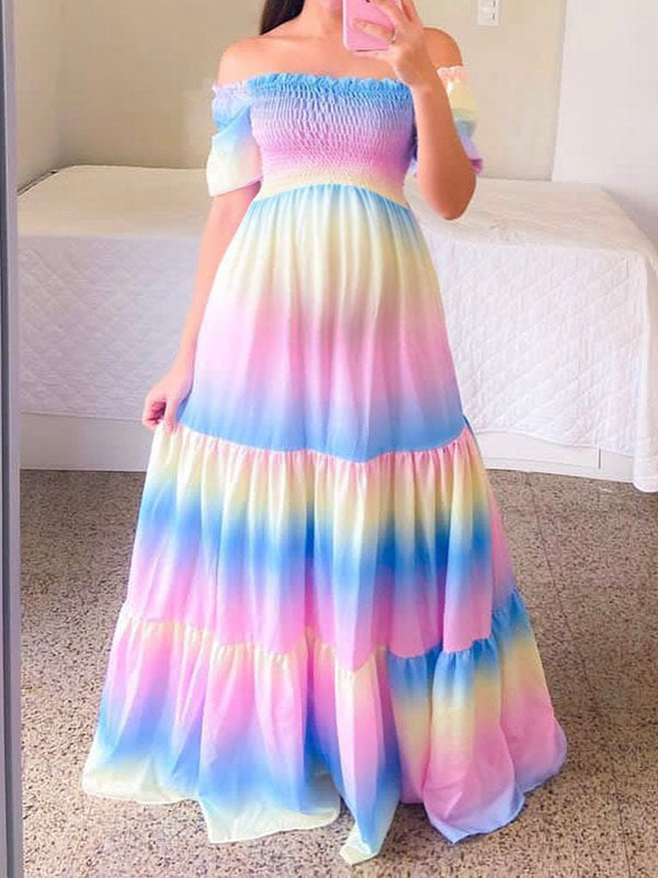 Momnfancy Pink-Blue Gender Reveal Off Shoulder Cup Sleeve Maternity Maxi Dress