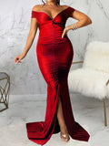 Momnfancy Off Shoulder Cup Sleeve Slit Floor Length Bodycon Solid Baby Shower Plus Size Maternity Maxi Dress