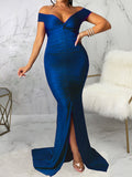 Momnfancy Off Shoulder Cup Sleeve Slit Floor Length Bodycon Solid Baby Shower Plus Size Maternity Maxi Dress