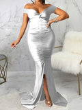 Momnfancy Off Shoulder Cup Sleeve Slit Floor Length Bodycon Solid Baby Shower Plus Size Maternity Maxi Dress