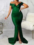 Momnfancy Off Shoulder Cup Sleeve Slit Floor Length Bodycon Solid Baby Shower Plus Size Maternity Maxi Dress