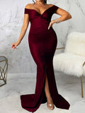Momnfancy Off Shoulder Cup Sleeve Slit Floor Length Bodycon Solid Baby Shower Plus Size Maternity Maxi Dress