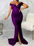 Momnfancy Off Shoulder Cup Sleeve Slit Floor Length Bodycon Solid Baby Shower Plus Size Maternity Maxi Dress
